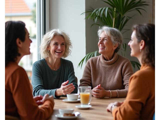 Grupo diversificado de mulheres de 40+ sorrindo e interagindo num círculo de apoio, em um espaço moderno e acolhedor em Porto, simbolizando união e suporte.