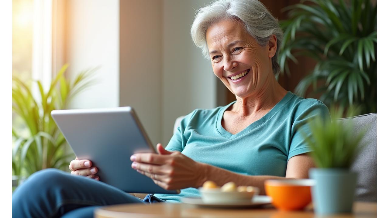 Mulher sorrindo, lendo um tablet em um ambiente calmo e verdejante, simbolizando bem-estar e acesso fácil à informação.