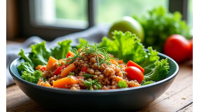 Prato colorido e saudável com vegetais frescos e temperos, simbolizando nutrição anti-inflamatória.