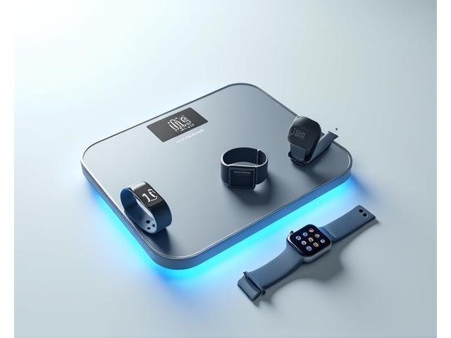 Variedade de dispositivos wearables conectados: Apple Watch, Fitbit, Garmin e uma balança inteligente em uma superfície moderna.
