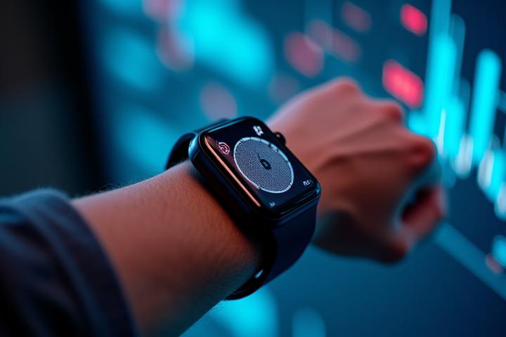 Pessoa usando um smartwatch, com gráficos e dados de saúde sobrepostos digitalmente, indicando integração tecnológica.
